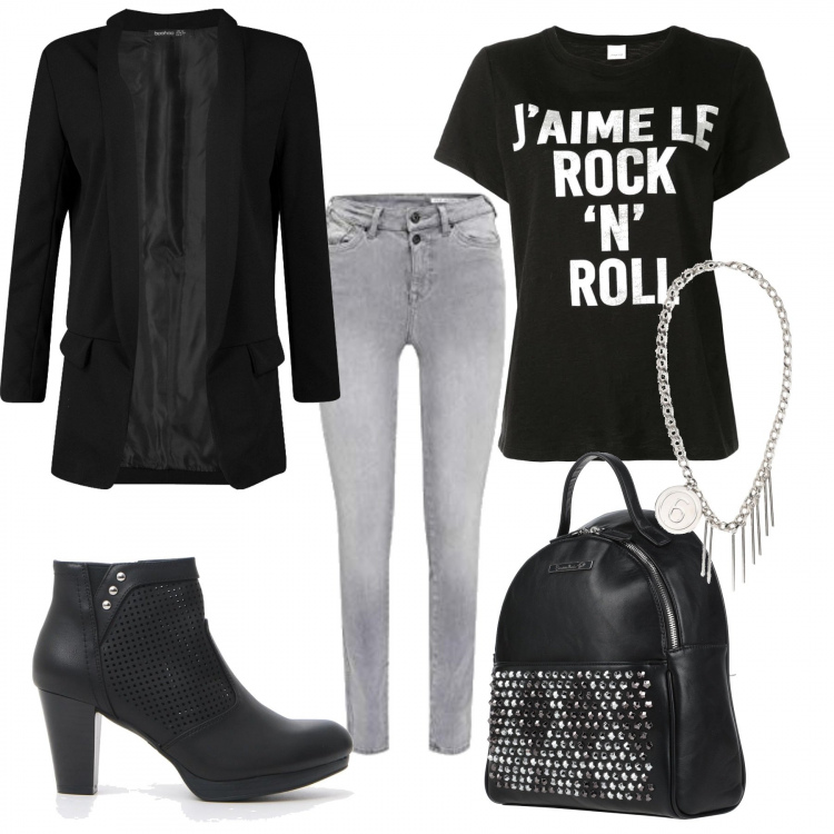 Outfit donna - Rock in black. Stile Rock per Tutti i giorni. Abbinamento con zaini, collana, blazer, t-shirt, stivaletti, jeans skinny.