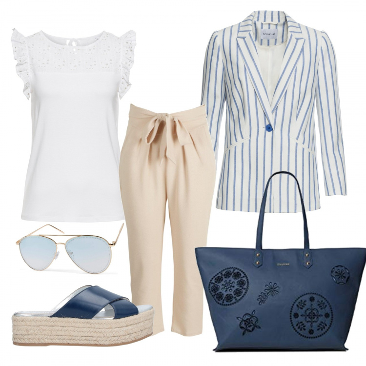 Outfit donna - Blu e beige. Stile Trendy per Tutti i giorni. Abbinamento con top, maglieria, sandali, pantaloni a palazzo, borse a mano, occhiali da sole.