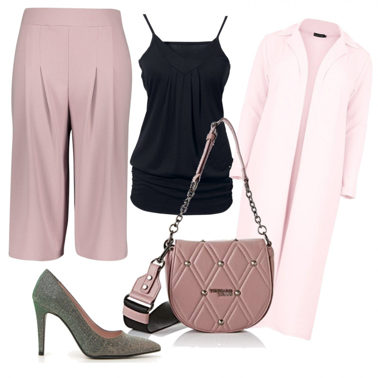 Outfit donna - Bon Ton #17969. Stile Bon Ton per Ufficio. Abbinamento con top, pantalone a palazzo, impermeabile, borse a spalla, décolleté.