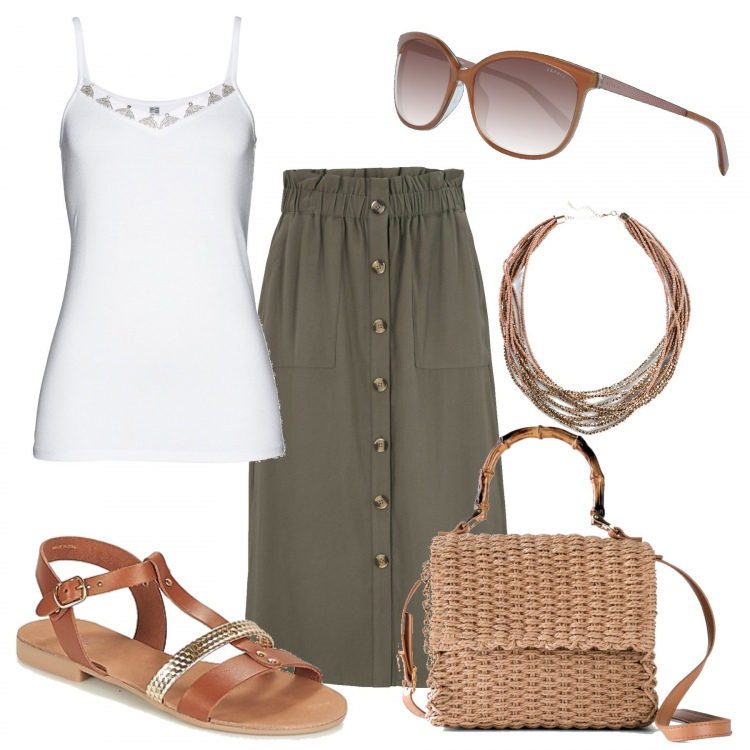 Outfit donna - Un giorno d\'estate. Stile Etnico per Tutti i giorni. Abbinamento con gonne, borse a mano, maglieria, collane, sandali, occhiali da sole.