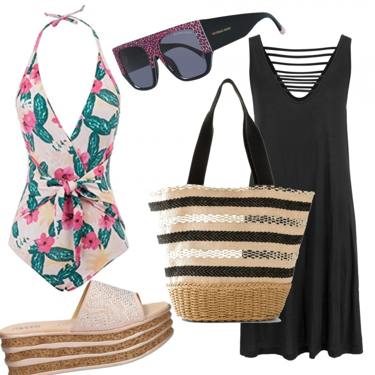 Outfit donna - Bon Ton #17971. Stile Bon Ton per Mare. Abbinamento con vestiti da spiaggia, portafogli, sandali, costumi interi, occhiali da sole.