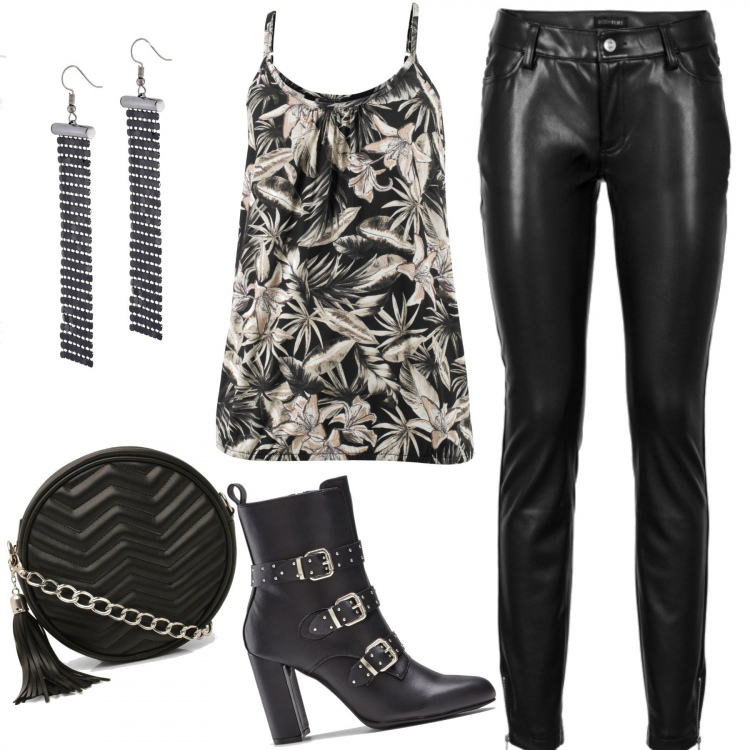 Outfit donna - Passeggiata rock. Stile Rock per Tutti i giorni. Abbinamento con top, stivaletti, pantaloni, orecchini, borsa a tracolla.