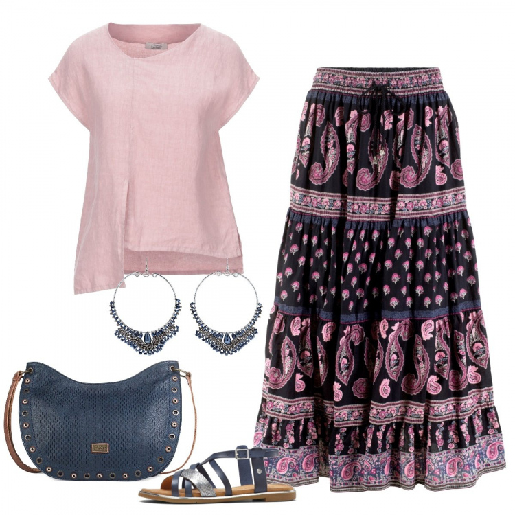 Outfit donna - Gonna lunga e sandali. Stile Trendy per Tutti i giorni. Abbinamento con gonne lunghe, sandali, bluse, orecchini, borsa a tracolla.