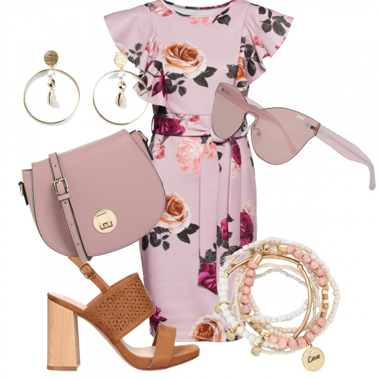 Outfit donna - Curvy a fiori. Stile Bon Ton per Serata fuori. Abbinamento con borse a spalla, pantaloni chino, braccialetti con ciondoli, orecchini, sandali in pelle, occhiali da sole.