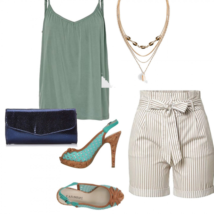 Outfit femme - Short. Style Tendance pour Soirée dehors. Assortir avec colliers, short, débardeurs à bretelles, sandales, sacs à main.
