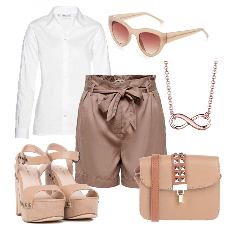 Outfit donna - Bermuda chic. Stile Chic per Ufficio. Abbinamento con jeans boyfriend, borsa a tracolla, shorts, scarpe col tacco, collane, occhiali da sole.
