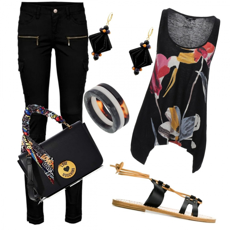 Outfit donna - Passeggiata serale. Stile Trendy per Serata fuori. Abbinamento con pantaloni cargo, canottiere, orecchini, sandali, borse a mano, anelli.