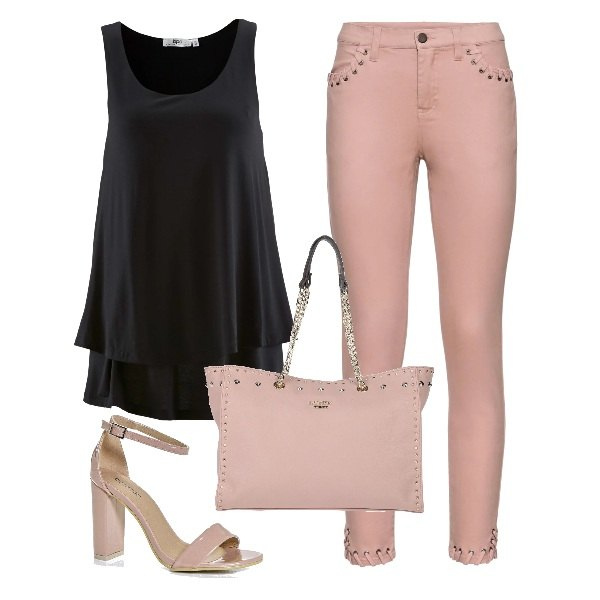 Outfit donna - Rosa nero. Stile Basic per Tutti i giorni. Abbinamento con borse a mano, top, pantaloni capri, sandali col tacco.