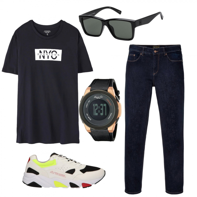 Outfit uomo - Sportivo e casual. Stile Casual per Tutti i giorni. Abbinamento con jeans dritti, occhiali da sole, t-shirt, sneakers, orologi digitali.