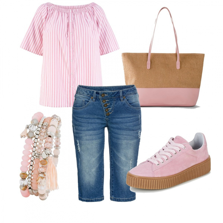 Outfit donna - Tutto in tinta. Stile Basic per Tutti i giorni. Abbinamento con costumi interi, bluse, shopping bag, braccialetti, sneakers.