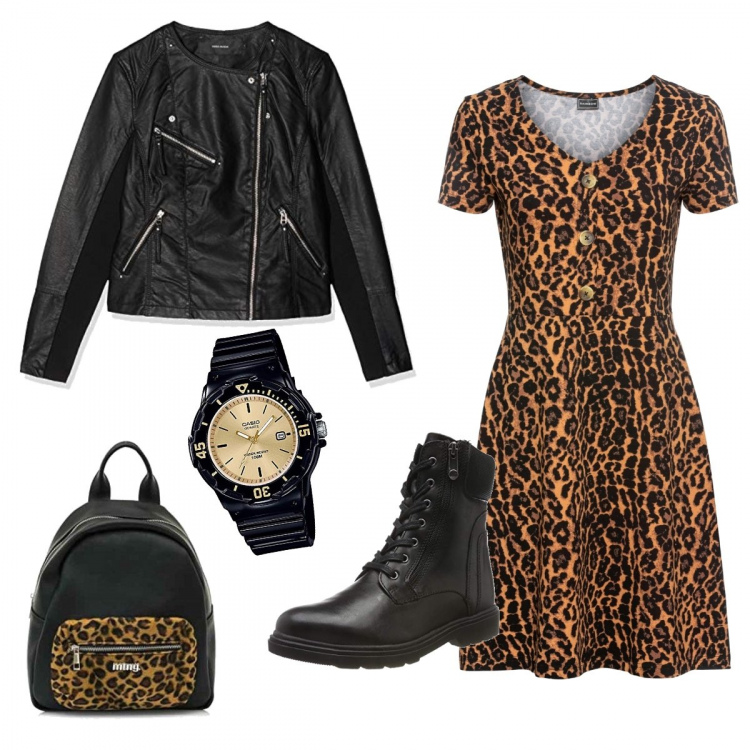 Outfit donna - Animal rock. Stile Rock per Tutti i giorni. Abbinamento con vestiti, stivaletti, giubbotto, orologi analogici, zaini.