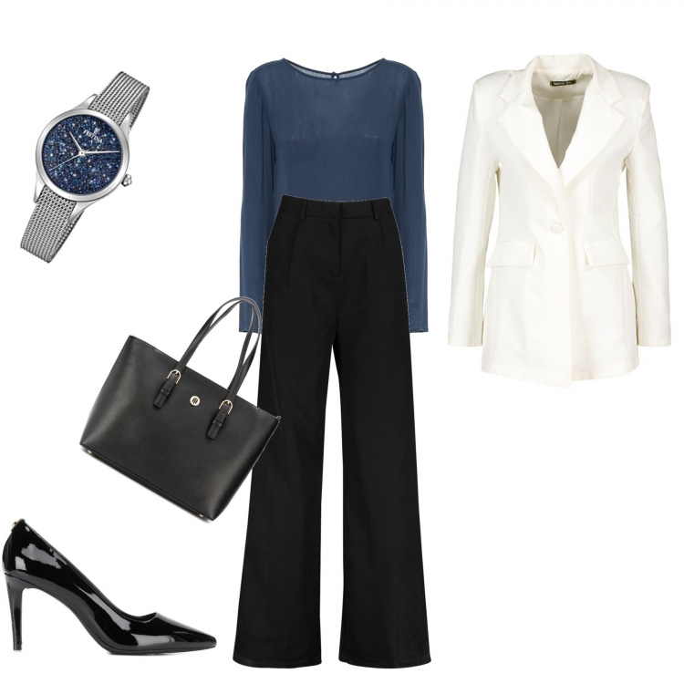Outfit donna - Trendy #40212. Stile Trendy per Ufficio. Abbinamento con pantaloni a palazzo, blazer, décolleté, borse tote, camicie, orologi analogici.