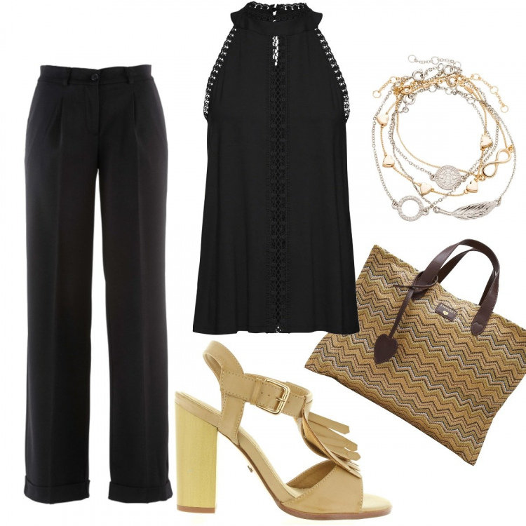 Outfit donna - Basic #25196. Stile Basic per Ufficio. Abbinamento con pantaloni, top, braccialetti con ciondoli, borse a mano, scarpe col tacco.
