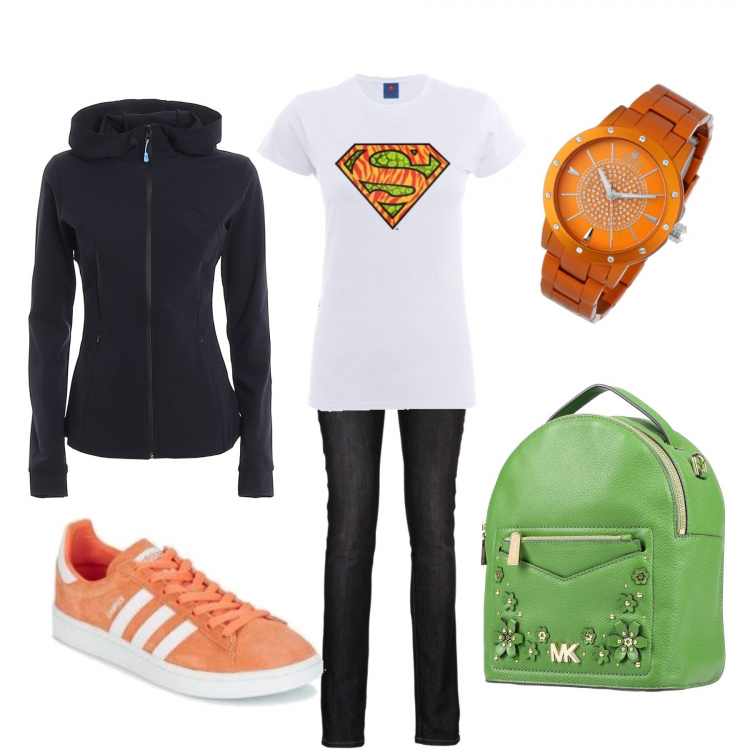 Outfit donna - Una giornata al Nido. Stile Trendy per Ufficio. Abbinamento con jeggings, zaini, sneakers, t-shirt, giacche sportive, orologi.