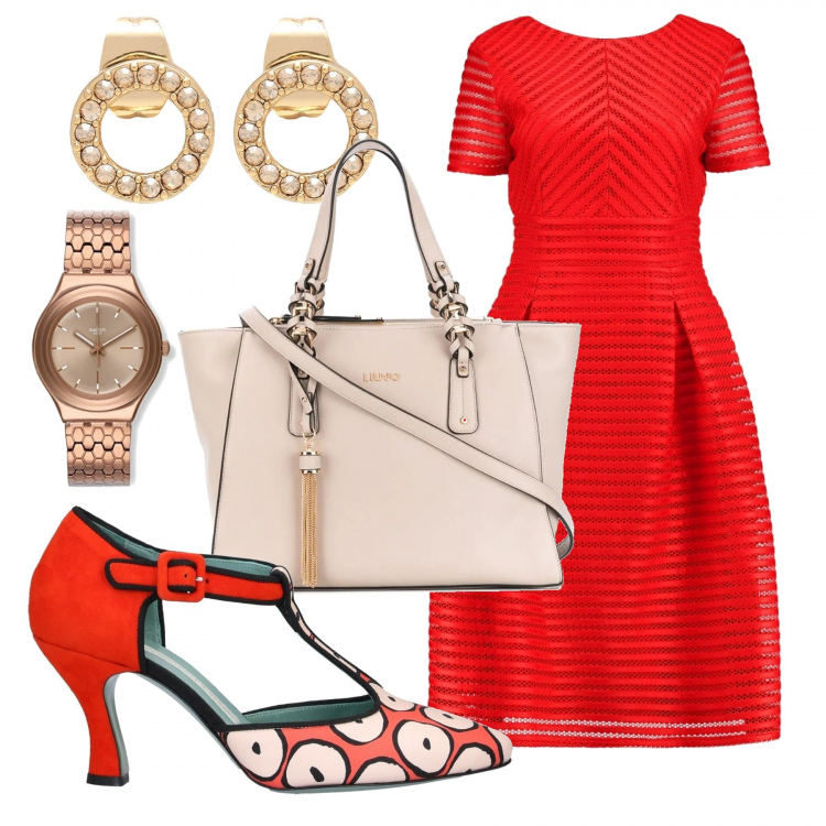 Outfit donna - L\'avvocato del lunedì. Stile Chic per Ufficio. Abbinamento con zeppe, orecchini, vestiti midi/longuette, borsa tote, orologi analogici.