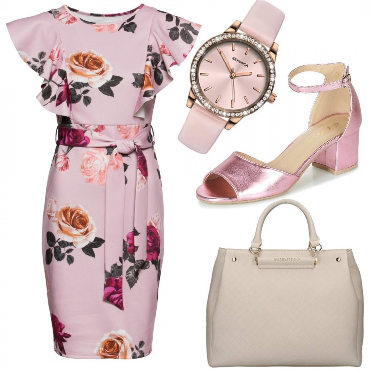 Outfit donna - L\'abito corto a fiori. Stile Bon Ton per Ufficio. Abbinamento con pantaloni chino, sandali, borse a mano, orologi analogici.