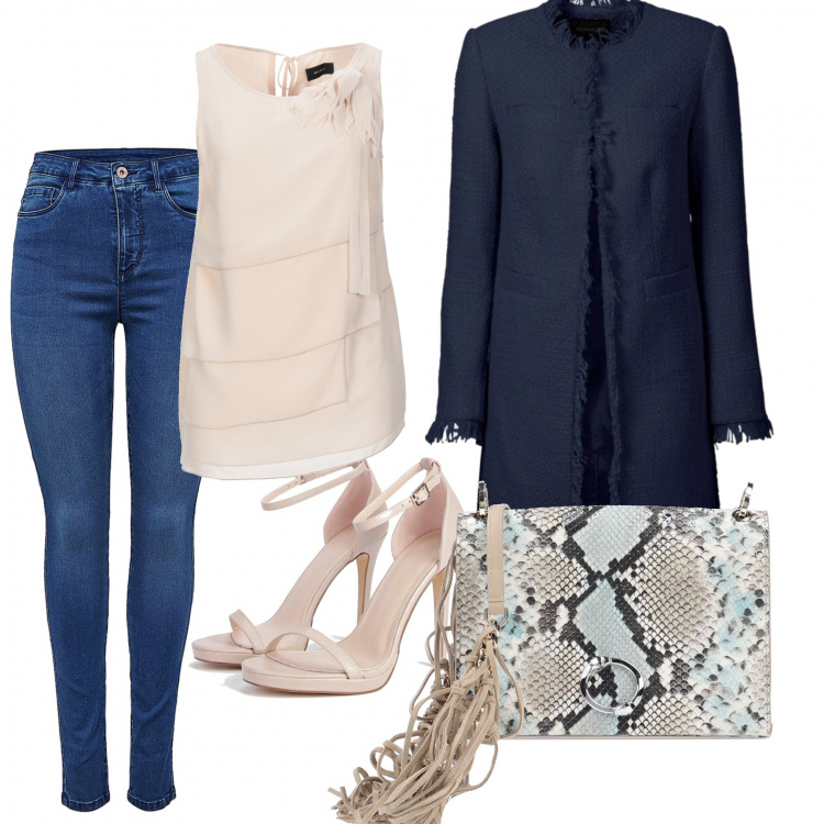 Outfit donna - L\'eleganza del jeans. Stile Trendy per Serata fuori. Abbinamento con blazer, top, borse a tracolla, scarpe col tacco, jeans skinny.