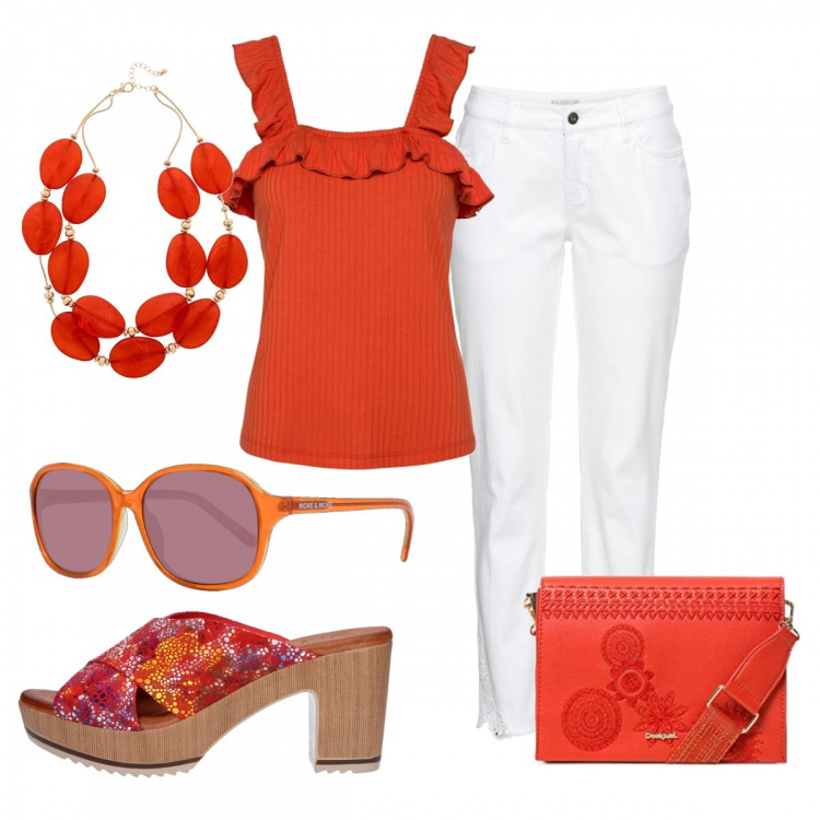 Outfit donna - Bianco e arancio energy. Stile Trendy per Tutti i giorni. Abbinamento con top, pantaloni skinny, collane, sandali, borse a tracolla, occhiali da sole.