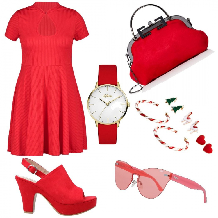Outfit donna - Red is my passion. Stile Urban per Serata fuori. Abbinamento con sandali col tacco, costumi interi, vestito, pochette, occhiali da sole, orologi analogici.