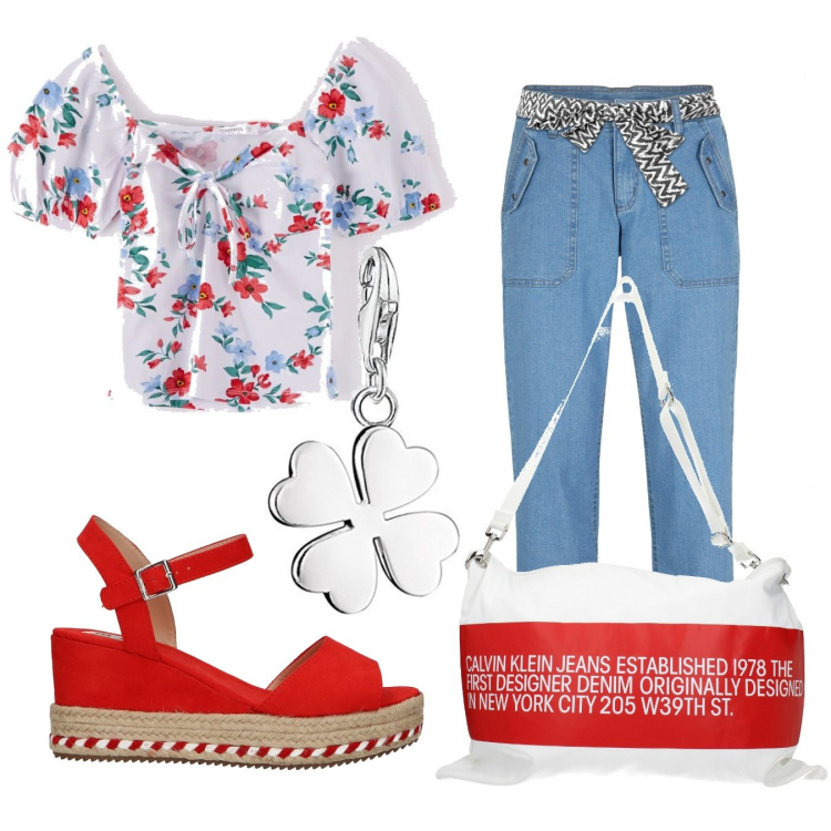 Outfit donna - Trendy #40455. Stile Trendy per Tutti i giorni. Abbinamento con jeans, bluse, borse a spalla, sandali, ciondoli.