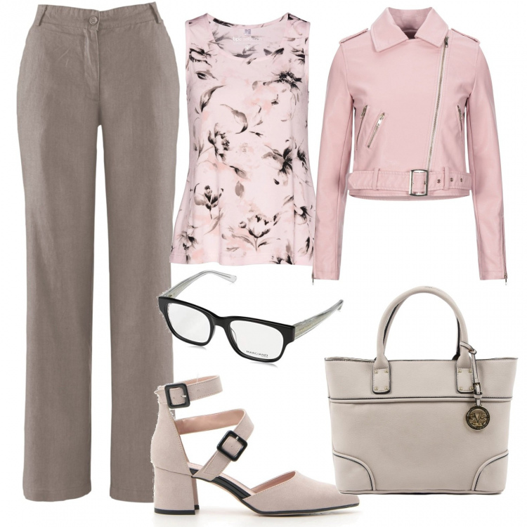 Outfit donna - Colloquio in grigio/ rosa. Stile Basic per Ufficio. Abbinamento con pantaloni, top, cappotti, décolleté, borse a mano, occhiali.
