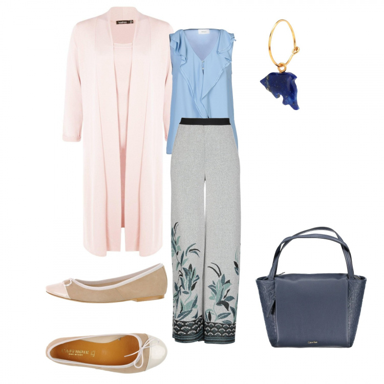Outfit donna - Chik summer. Stile Chic per Tutti i giorni. Abbinamento con ballerine, pantalone lungo, orecchini, top, impermeabile, borse a spalla.