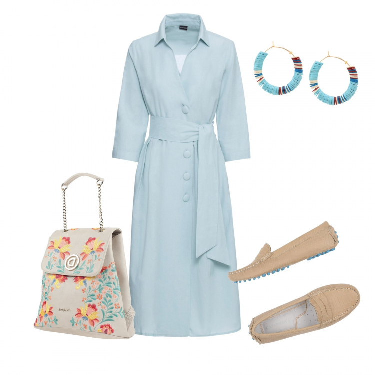 Outfit donna - Light breeze. Stile Bon Ton per Tutti i giorni. Abbinamento con vestiti chemisier, orecchini, mocassini, zaini.