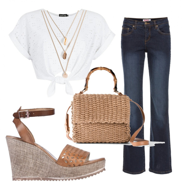 Outfit donna - Trendy #40499. Stile Trendy per Tutti i giorni. Abbinamento con jeans dritti, borse a mano, collane, sandali col tacco, top.