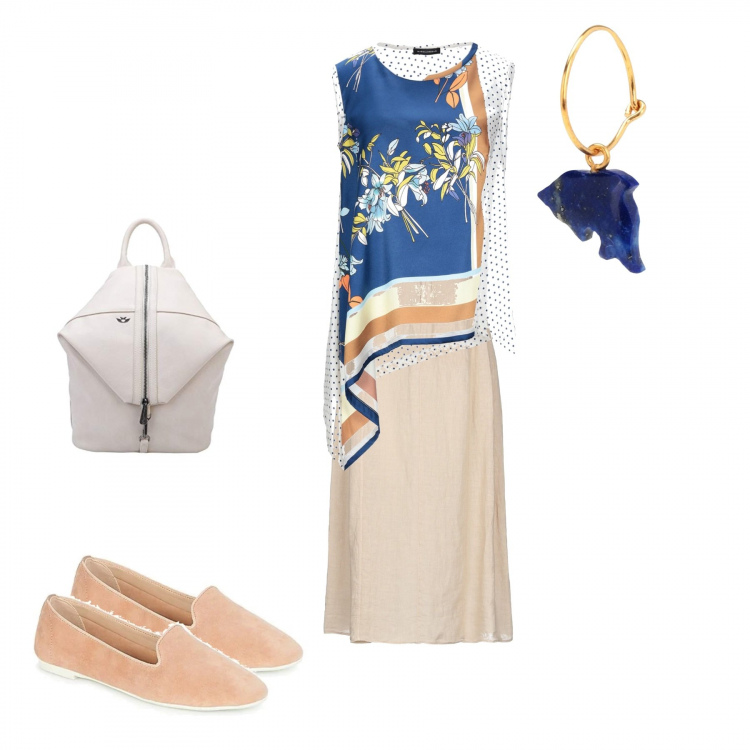 Outfit donna - Bon Ton #18144. Stile Bon Ton per Tutti i giorni. Abbinamento con gonne lunghe, top, orecchini, mocassini, zaini.