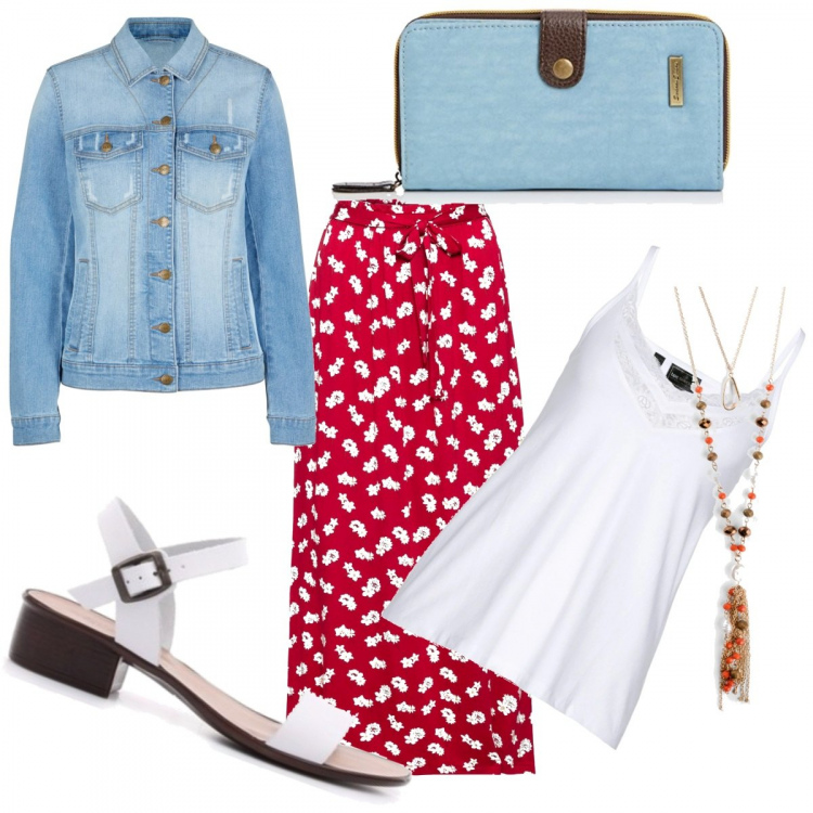 Outfit donna - Total look #608250. per Tutti i giorni. Abbinamento con blazer, gonne lunghe, top, ciondoli, sandali, portafogli.