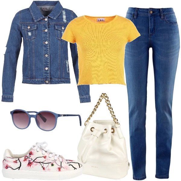 Outfit donna - Basic #2403. Stile Basic per Tutti i giorni. Abbinamento con jeans skinny, occhiali da sole lenti sfumate tinta unita, giacca, t-shirt crop tinta unita giallo.