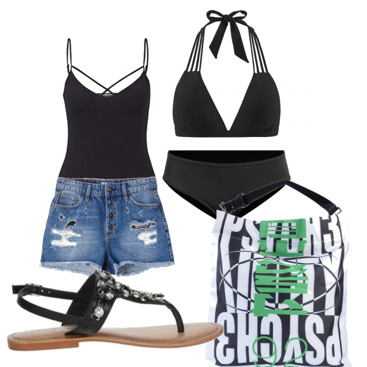 Outfit donna - Rock’n Sea. Stile Rock per Mare. Abbinamento con culotte, reggiseni, borse a mano, shorts, sandali, canottiere.