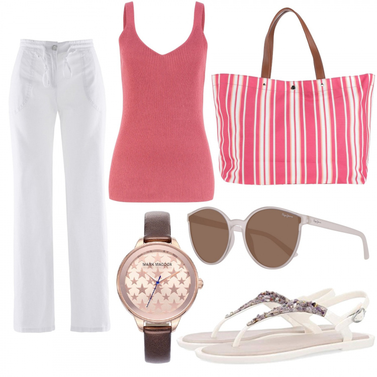 Outfit donna - Look estivo. Stile Basic per Tutti i giorni. Abbinamento con pantaloni a palazzo, top, borsa a mano, sandali, occhiali da sole, orologi.