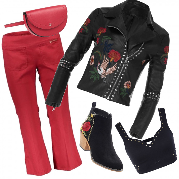 Outfit donna - Rock flower. Stile Rock per Serata fuori. Abbinamento con stivaletti, maglieria, zaini, top, pantaloni capri.