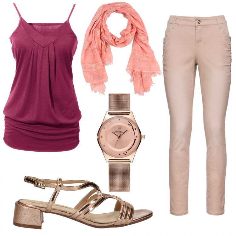Outfit donna - Basic #25400. Stile Basic per Tutti i giorni. Abbinamento con top, pantaloni, stole, sandali, orologi analogici.