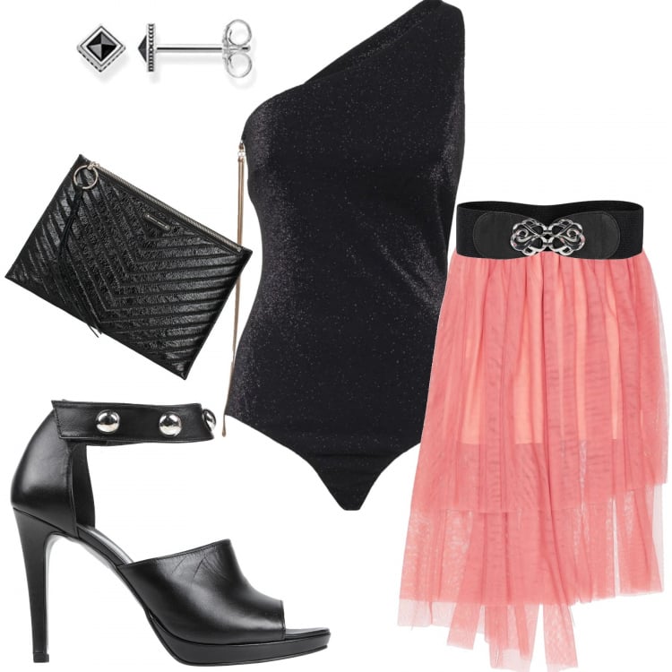 Outfit donna - Rock at night. Stile Rock per Serata fuori. Abbinamento con cinture, gonne longuette, sandali col tacco, pochette, top, orecchini.