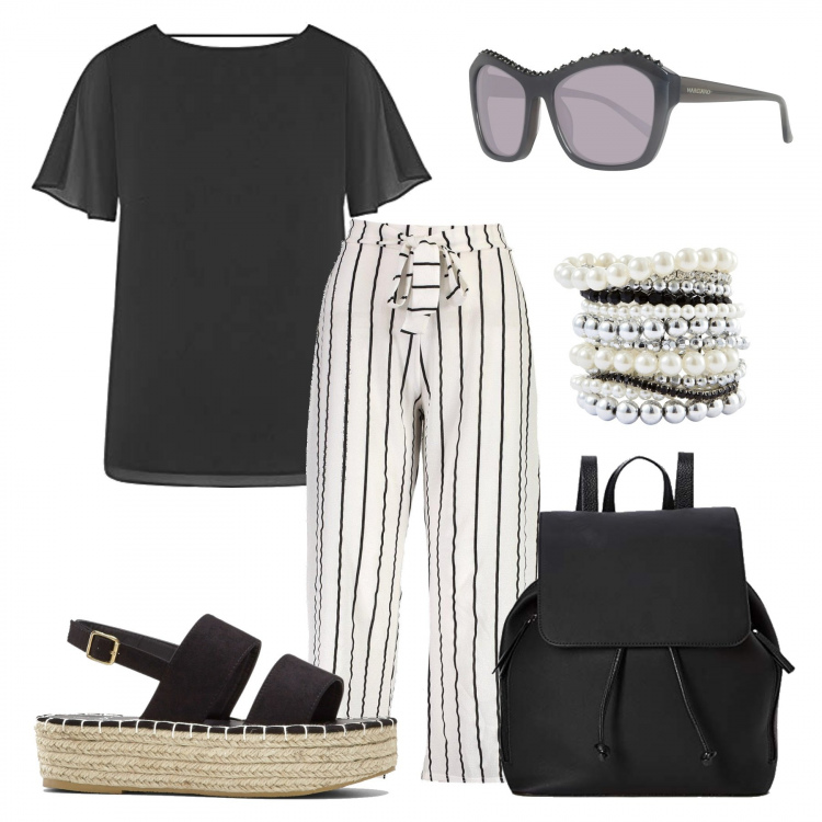 Outfit donna - Black&White. Stile Trendy per Scuola/Università. Abbinamento con braccialetti, sandali, pantaloni culotte, camicie a manica corta, zaini, occhiali da sole.