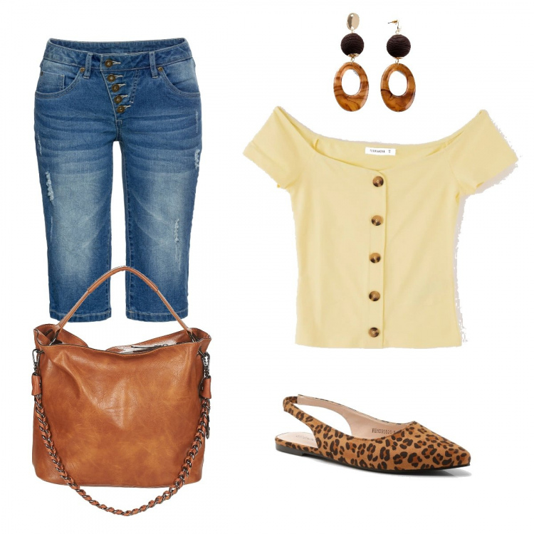 Outfit donna - Semplice con gusto. Stile Trendy per Tutti i giorni. Abbinamento con costumi interi, orecchini, t-shirt, ballerine, borsa a spalla.