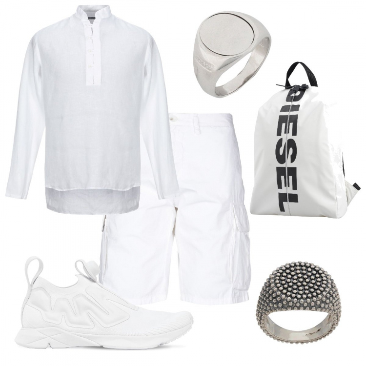 Outfit uomo - Come un guru. Stile Casual per Tutti i giorni. Abbinamento con anelli, camicie, bermuda, anelli, zaino, sneakers.