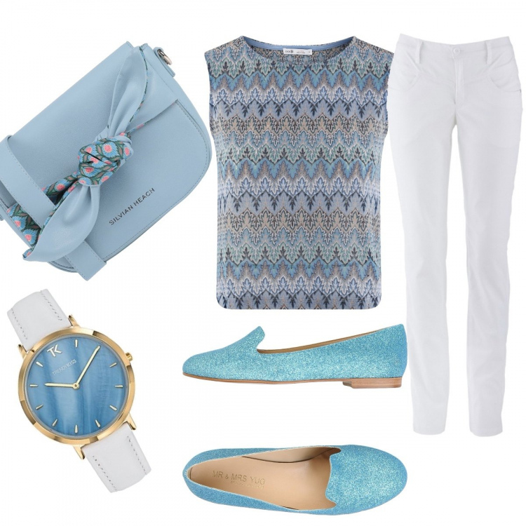 Outfit donna - Bon Ton #18309. Stile Bon Ton per Tutti i giorni. Abbinamento con pantaloni, mocassini, borsa a tracolla, top, orologi analogici.