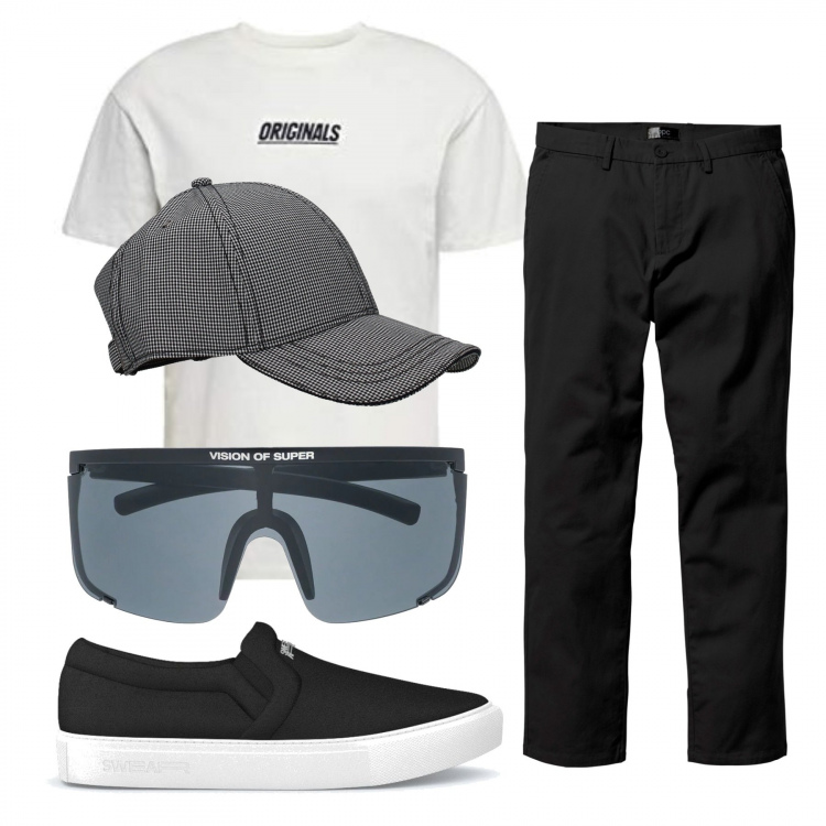 Outfit uomo - Urban #6828. Stile Urban per Tutti i giorni. Abbinamento con pantaloni chino, cappello, sneakers, occhiali da sole, t-shirt.