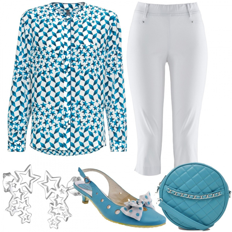 Outfit donna - Star. Stile Basic per Tutti i giorni. Abbinamento con pantaloni, camicia, corpo, sandali, orecchini.