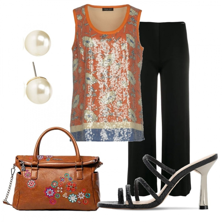 Outfit femme - Un samedi soir. Style Chic pour Soirée dehors. Assortir avec hauts, pantalon long, sacs, sandales en cuir, boucles d'oreilles.