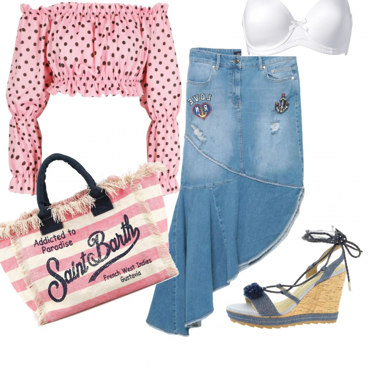 Outfit donna - Asimmetrie di righe e pois. Stile Urban per Tutti i giorni. Abbinamento con reggiseni, gonna, top, sandali, borse tote.