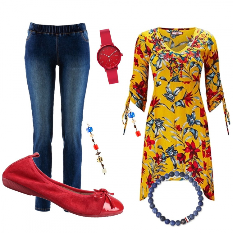 Outfit donna - Trendy #40649. Stile Trendy per Scuola/Università. Abbinamento con treggings, orecchini, ballerine, tuniche, braccialetto, orologi analogici.