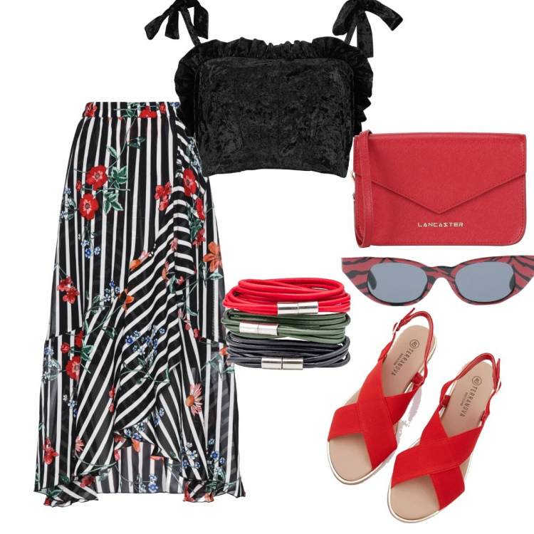 Outfit donna - Shopping mattutino. Stile Trendy per Tutti i giorni. Abbinamento con gonne, braccialetti, occhiali da sole, borse a spalla, sandali, top.
