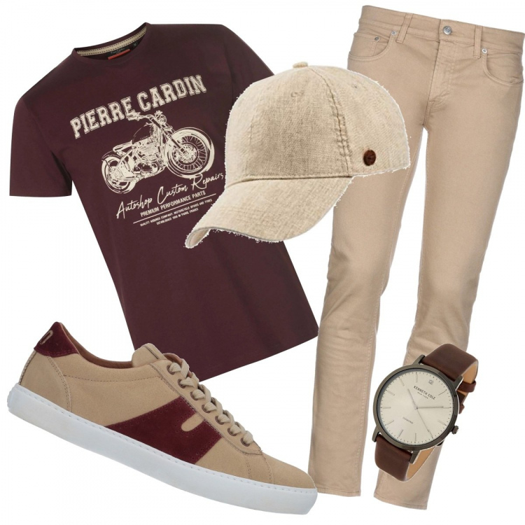 Outfit uomo - Caffè al parco. Stile Casual per Sport. Abbinamento con sneakers, jeans slim fit, t-shirt, orologio analogico, cappelli.