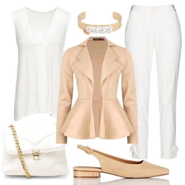 Outfit donna - Linee semplici. Stile Bon Ton per Ufficio. Abbinamento con top, pantaloni, braccialetti, blazer, corpo, ballerine.