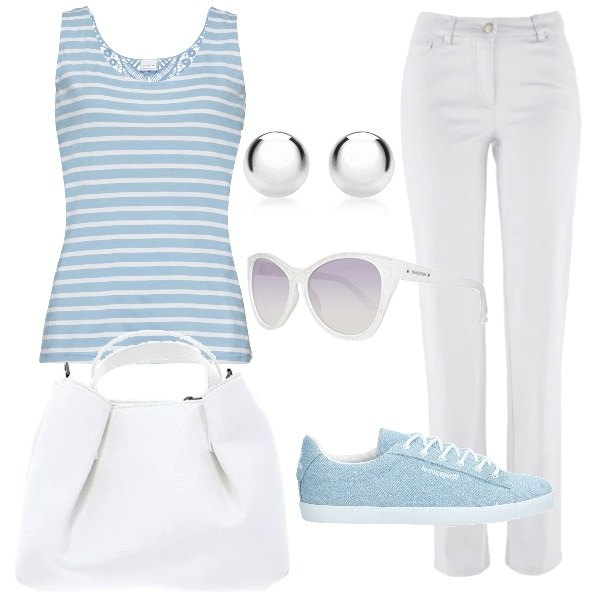 Outfit donna - Sempre di corsa. Stile Trendy per Tutti i giorni. Abbinamento con pantaloni, top, sneakers, borse a tracolla, occhiali da sole, orecchini.