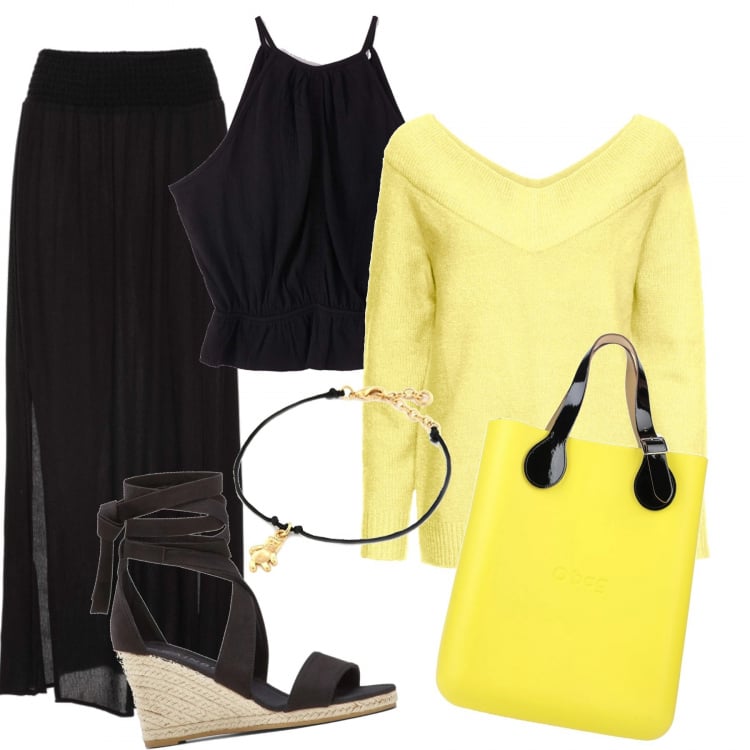 Outfit donna - Trendy #40725. Stile Trendy per Tutti i giorni. Abbinamento con gonne lunghe, maglioni, sandali, borse a mano, top, braccialetti.